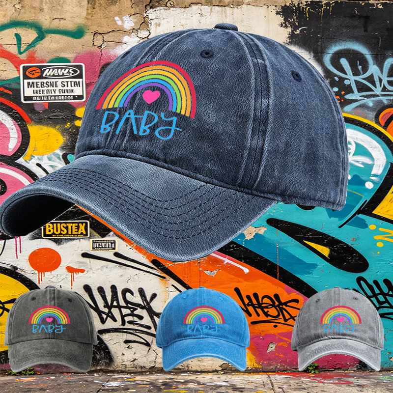 Unisex Classic Washed Cap with Rainbow Heart Baby Print | Casual Streetwear Hat for Adults and Teens | Perfect for Daily Wear, Outdoor Activities, and Fashion Statements