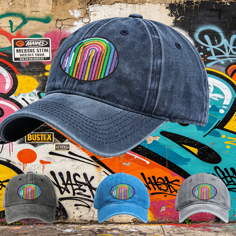 Unisex Classic Washed Cap with Glitter Rainbow Arc Patch Design – Perfect for Casual Outings, Music Festivals, and Everyday Wear – Ideal for Young Adults and Trend-Loving Individuals