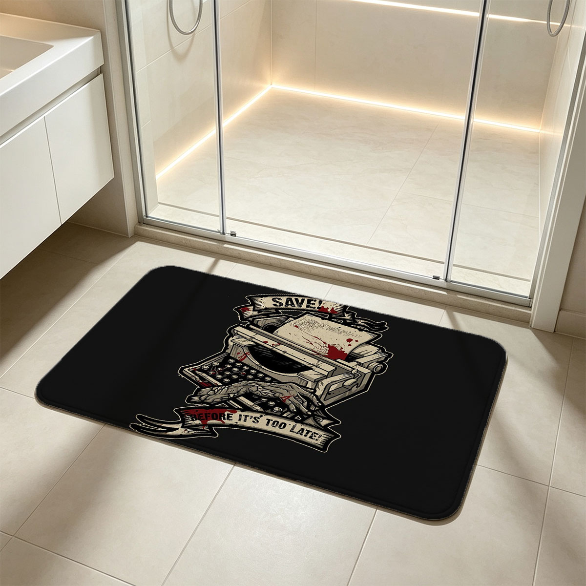 Save Before It's Too Late: Typewriter with Bloody Hands and Urgent Message - Flannel floor mat