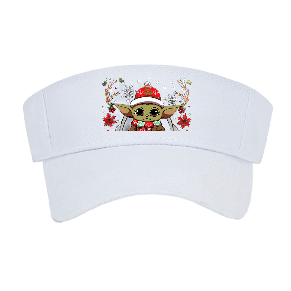 Baby Yoda in Christmas Hat and Scarf, Surrounded by Holiday Decorations -  Visor cap