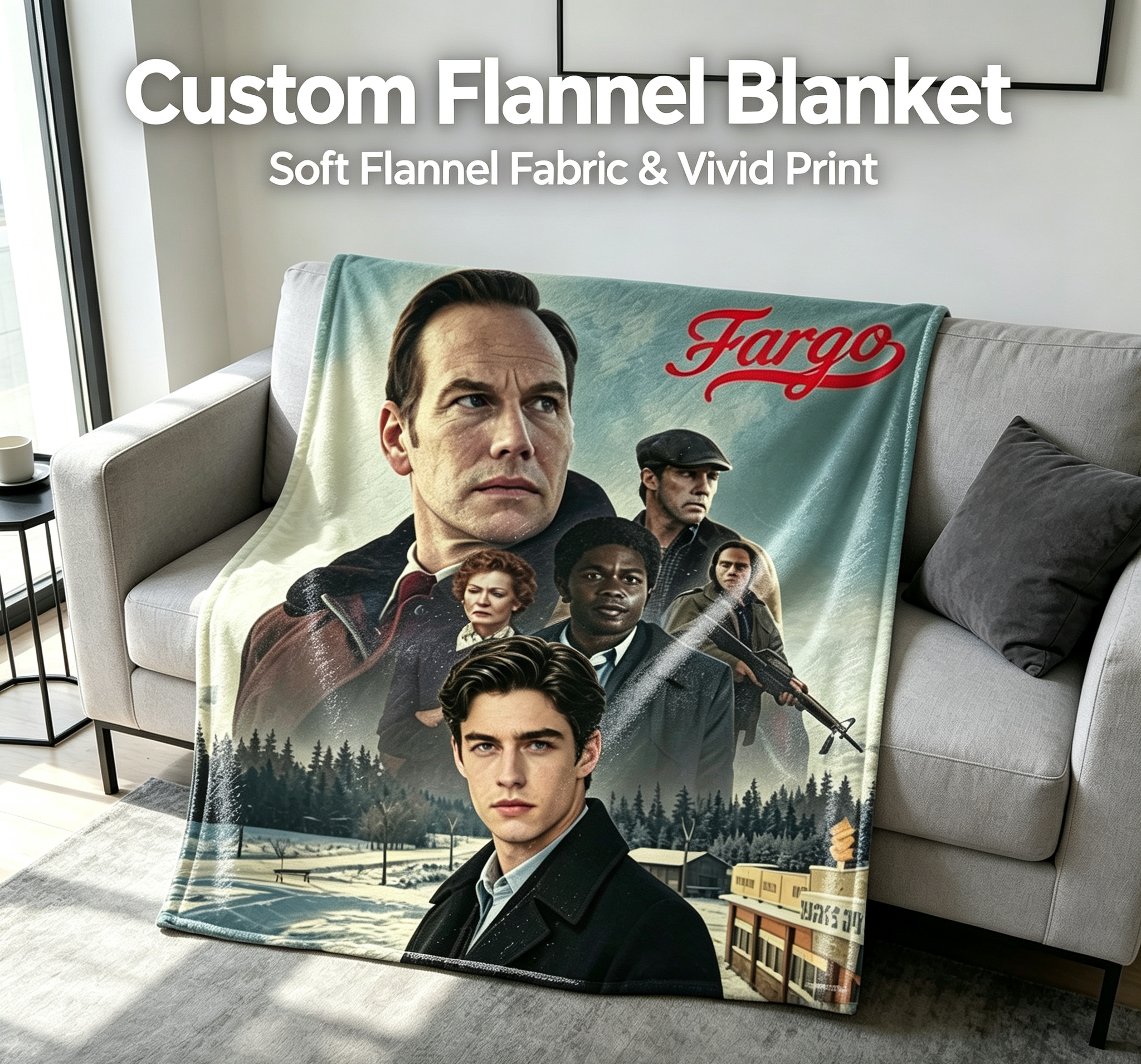 Custom Face Blanket Fargo Movie Characters Flannel Blanket Cozy Winter Gift for Fans and Collectors