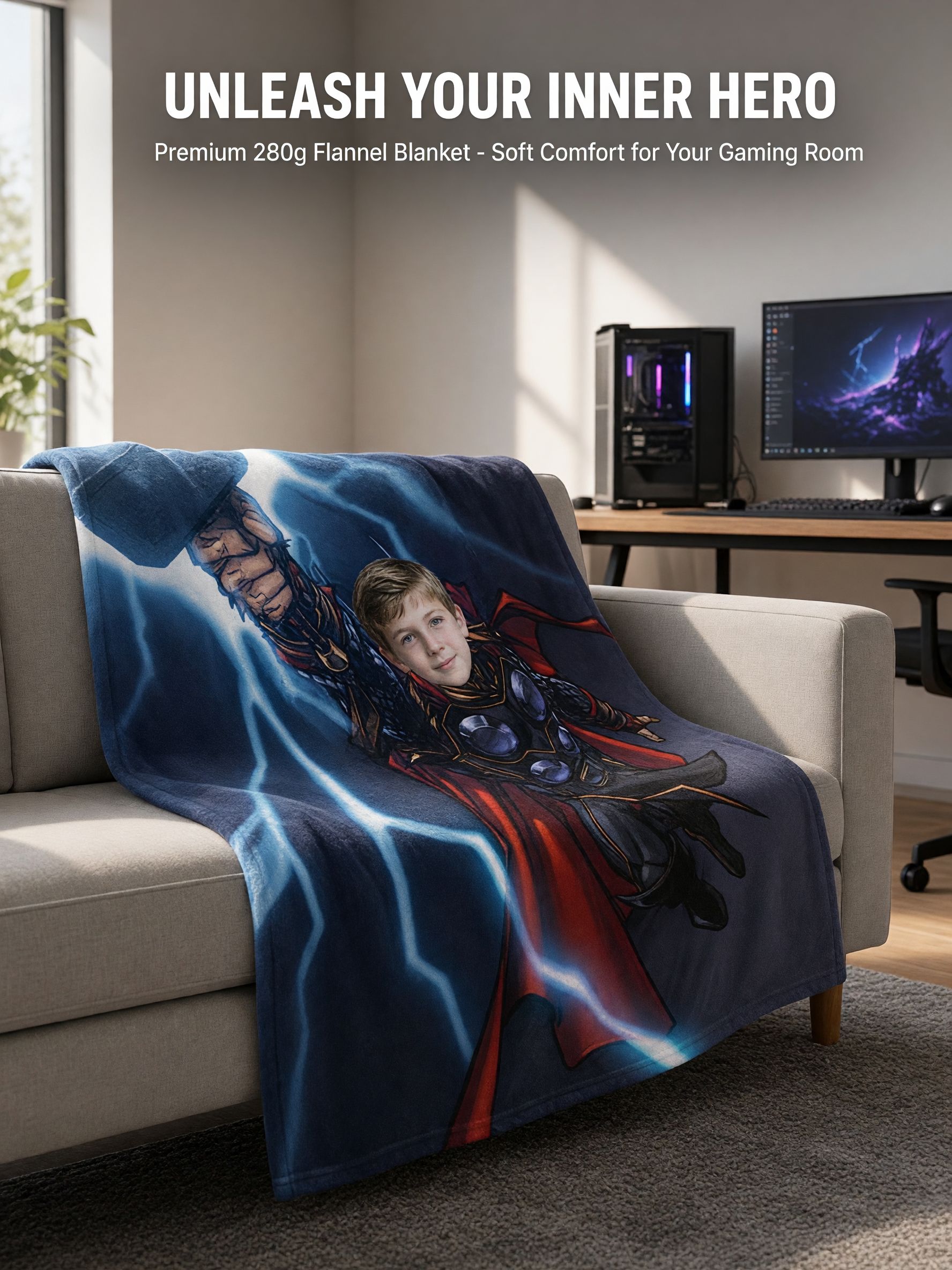 Custom Face Superhero Flannel Blanket, Personalized Photo Throw for Bed Couch, Cozy Unique Keepsake Gift