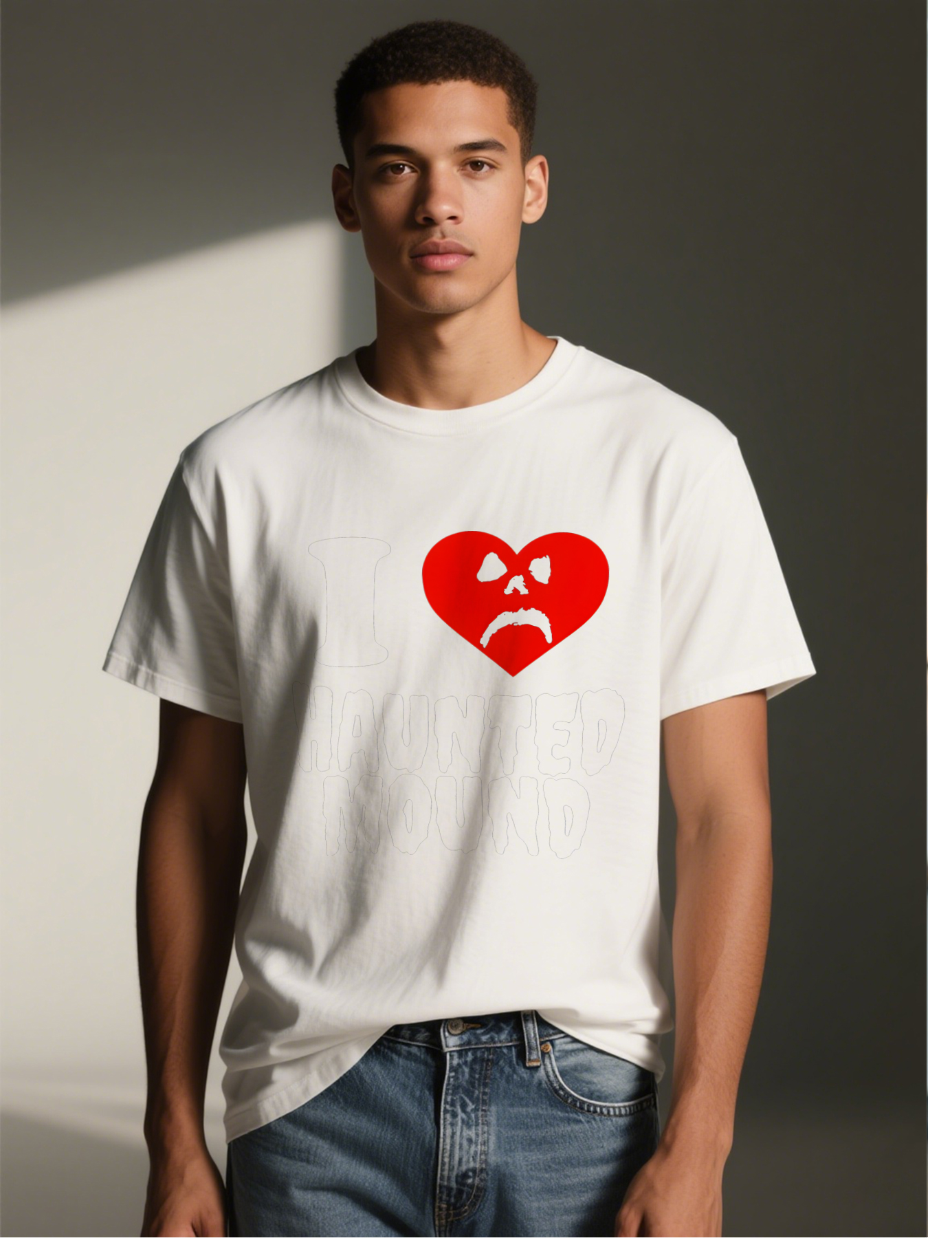 Men's Printed T-Shirt I Heart Haunted Mound Ghost Face Design Casual Round Neck Summer Lightweight Breathable Short Sleeve Tee for Halloween Fans and Horror Enthusiasts