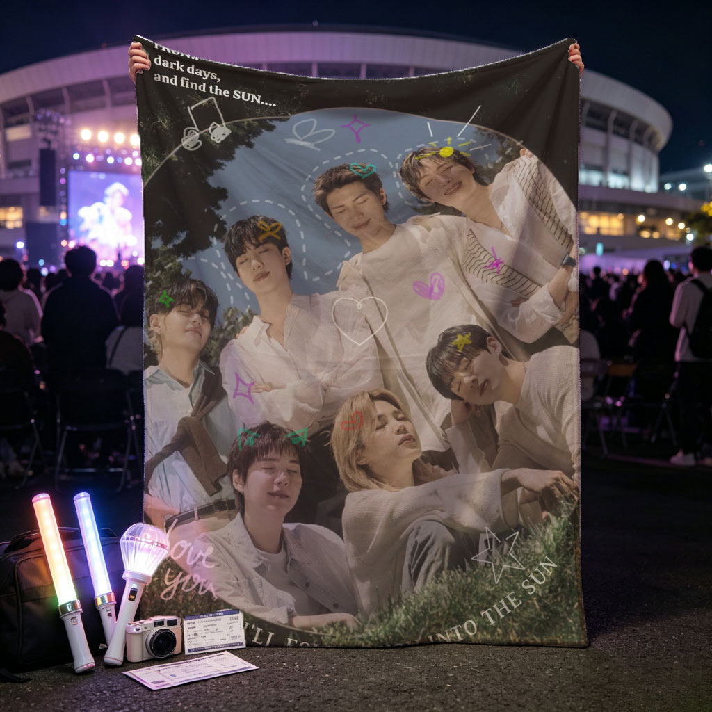 BTS Group Photo on Grass with Dreamy Sky Background and Inspirational Quotes - Blankets