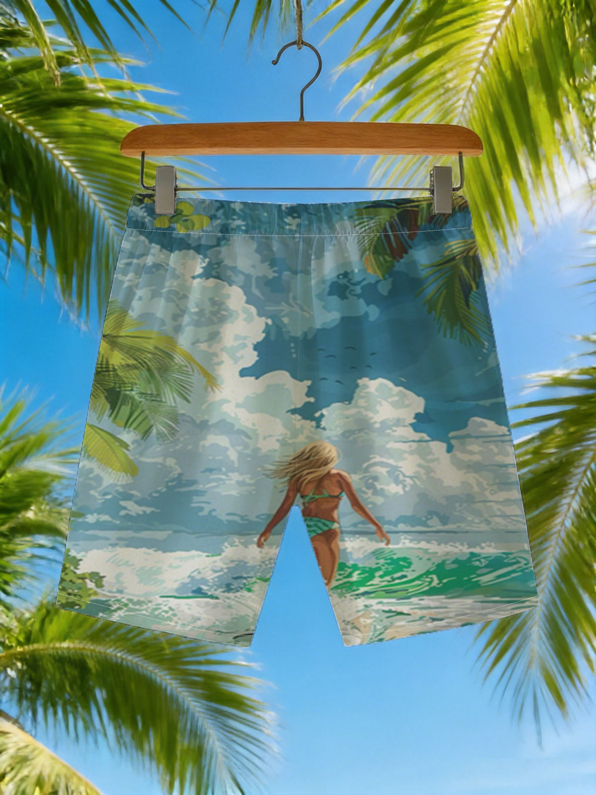 Woman surfing on tropical beach with palm trees and blue sky -  Beach shorts
