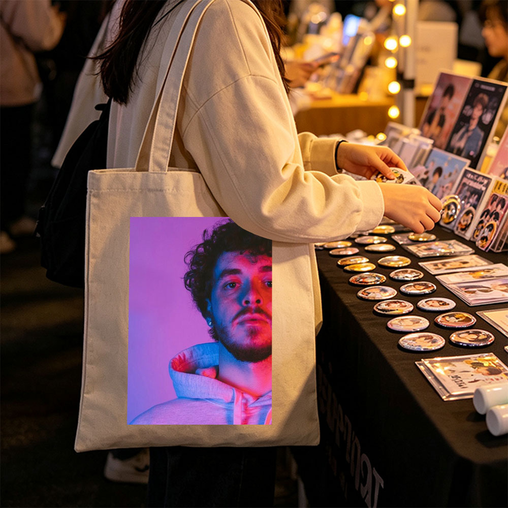 Jack Harlow in a Neon Glow Portrait Wearing a Hoodie with Purple and Pink Lighting - Canvas tote bags