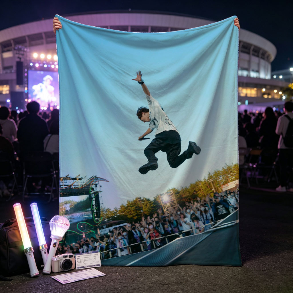 Skateboarder in Mid-Air Trick at Outdoor Festival with Crowd Watching - Blankets