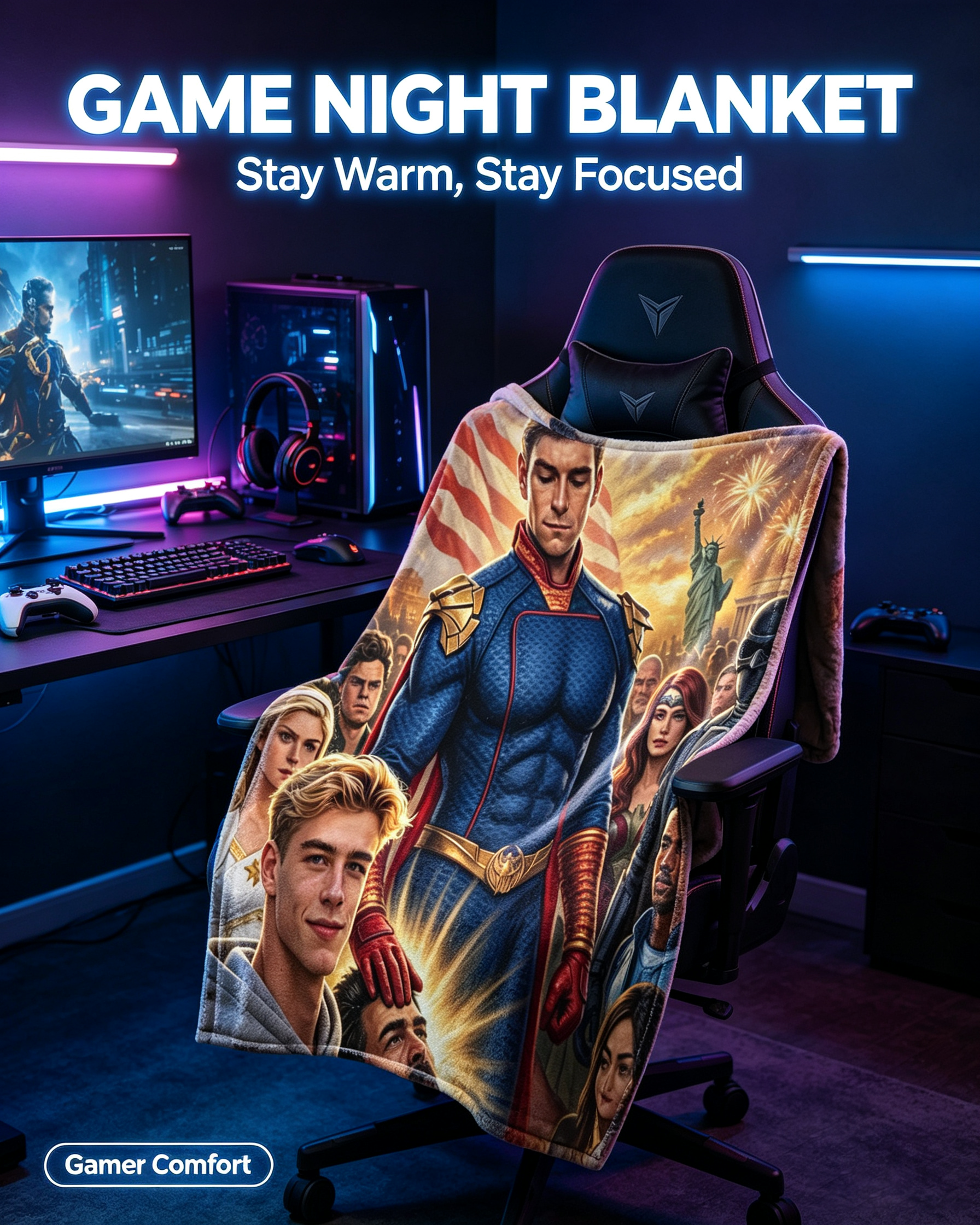 Custom Face Blanket Featuring Superhero Team with American Flag and Iconic Landmarks Flannel Blanket Perfect for Cozy Nights and Hero-Themed Gifts
