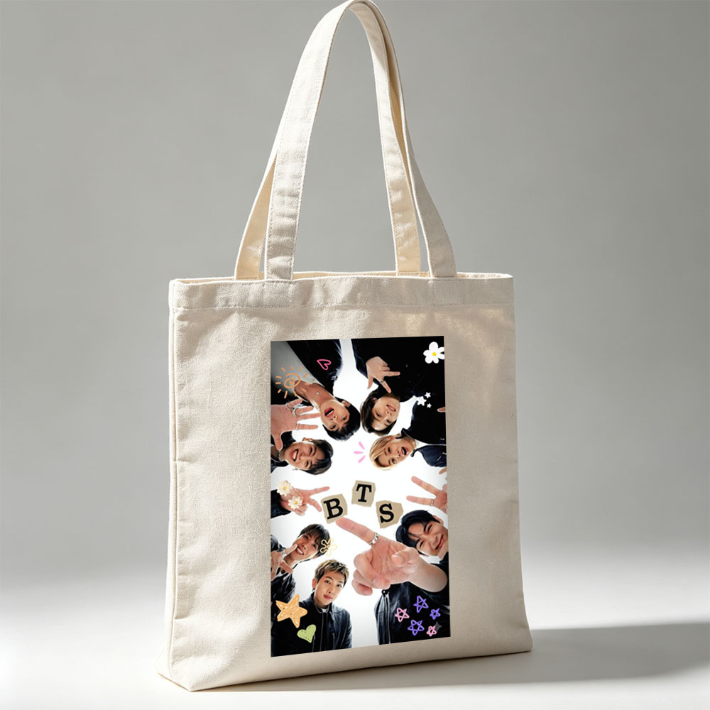 BTS Members in a Circle Forming BTS Letters with Hands and Expressive Poses - Canvas tote bags
