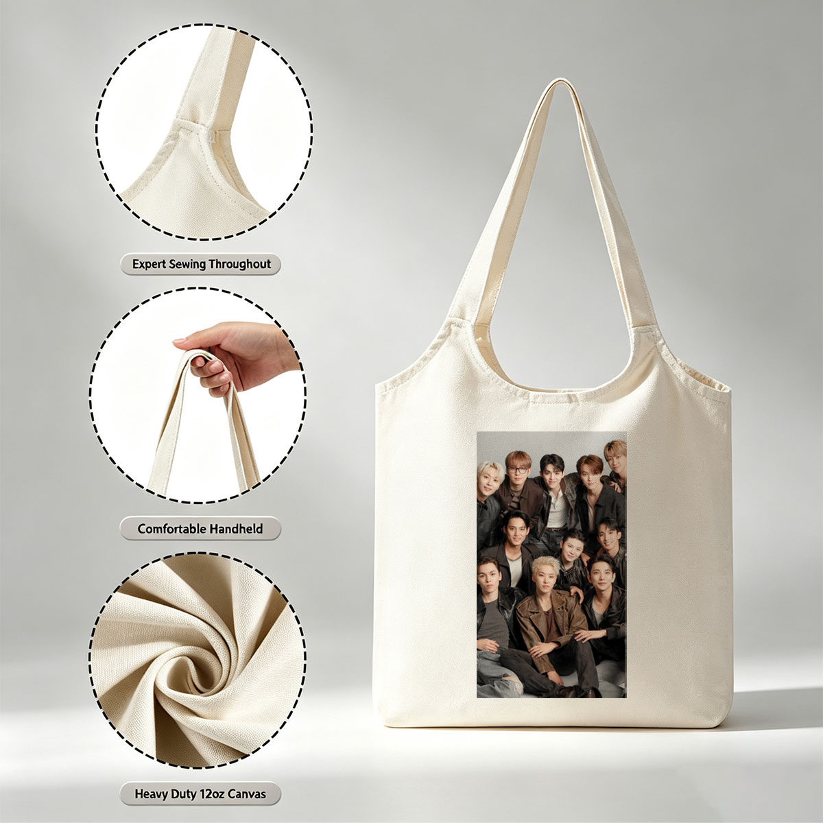 SEVENTEEN Group Photo - Members in Stylish Leather Outfits Posing Together for a Professional Shoot - Canvas shoulder bags/