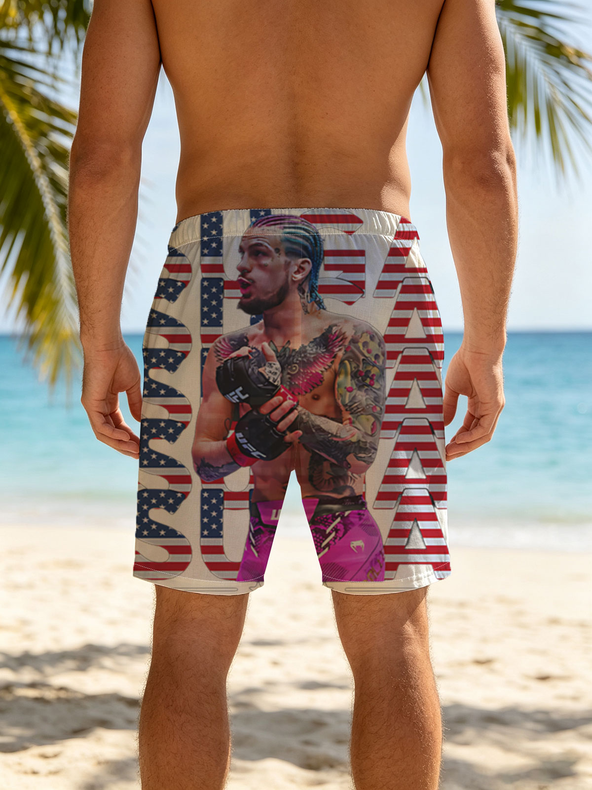 Sean O'Malley in UFC Gear with American Flag Design Background -  Beach shorts