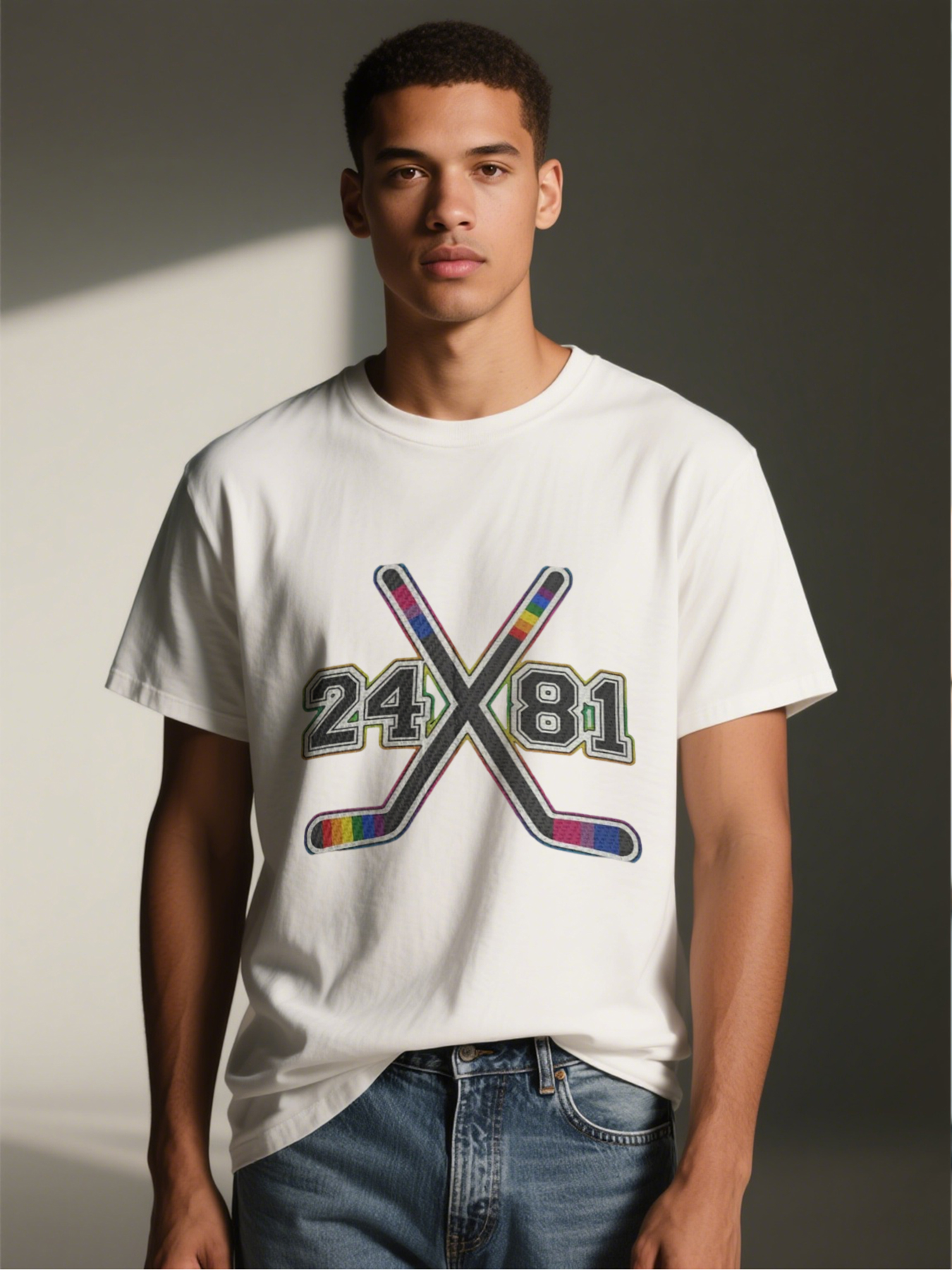 Men's Printed T-Shirt with Crossed Hockey Sticks and 