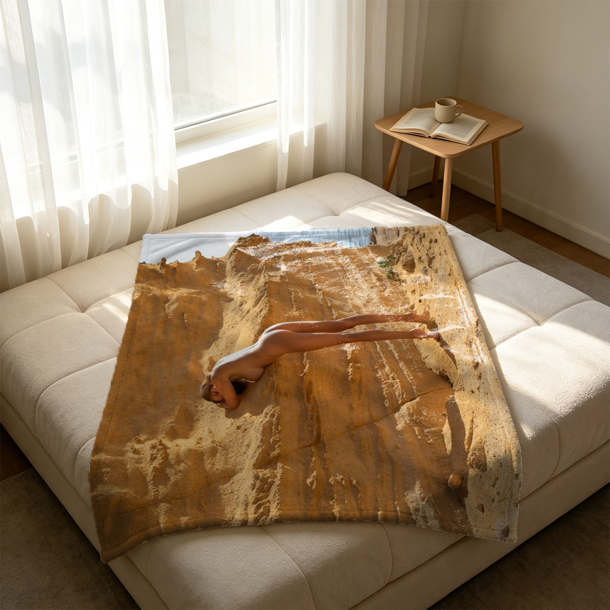 A woman in white lace lingerie posing on a couch by the window. - Blanket