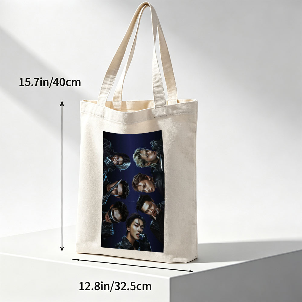 Stray Kids in Dark Leather Outfits with Dramatic Poses and Knives Against a Deep Blue Background - Canvas tote bags