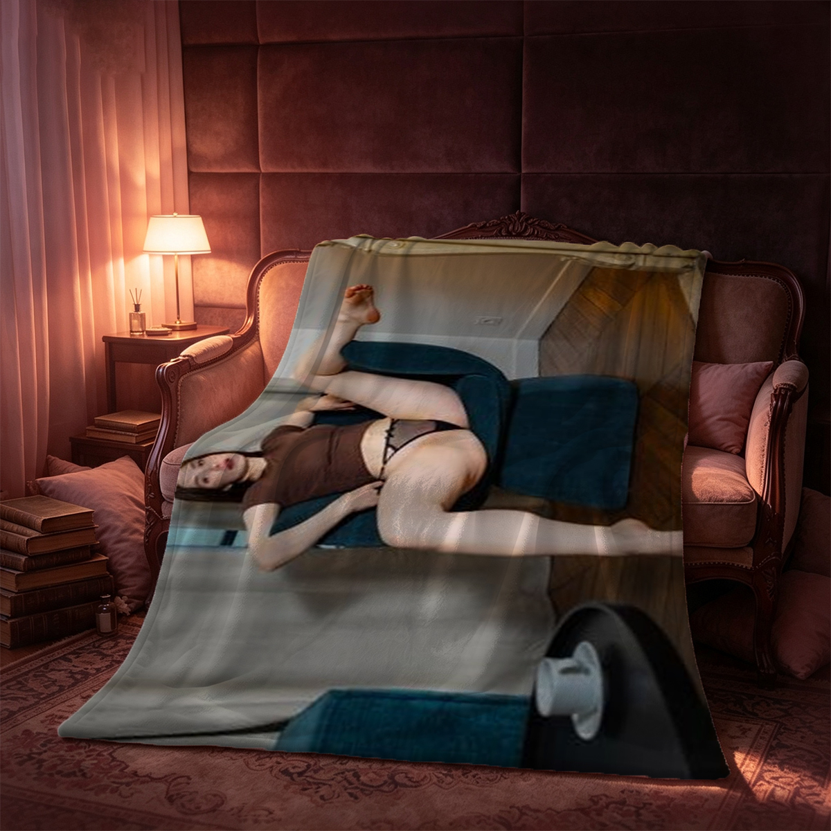 Nude Asian woman with blonde hair sitting in green armchair. - Blanket
