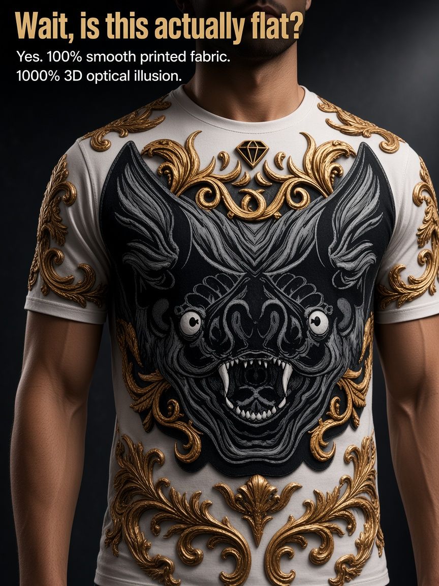 Gothic Baroque Bat 3D Optical Illusion Graphic Tee, Breathable Athletic Mesh T-Shirt, Casual and Sports Wear