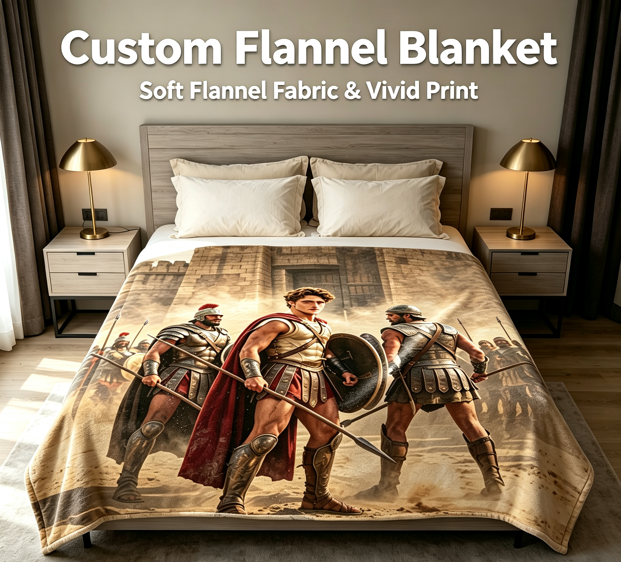Custom Face Blanket Ancient Warrior Soldier Flannel Blanket for Couch, Bed, or Travel – Perfect Gift for History Enthusiasts and Fans of Epic Battles