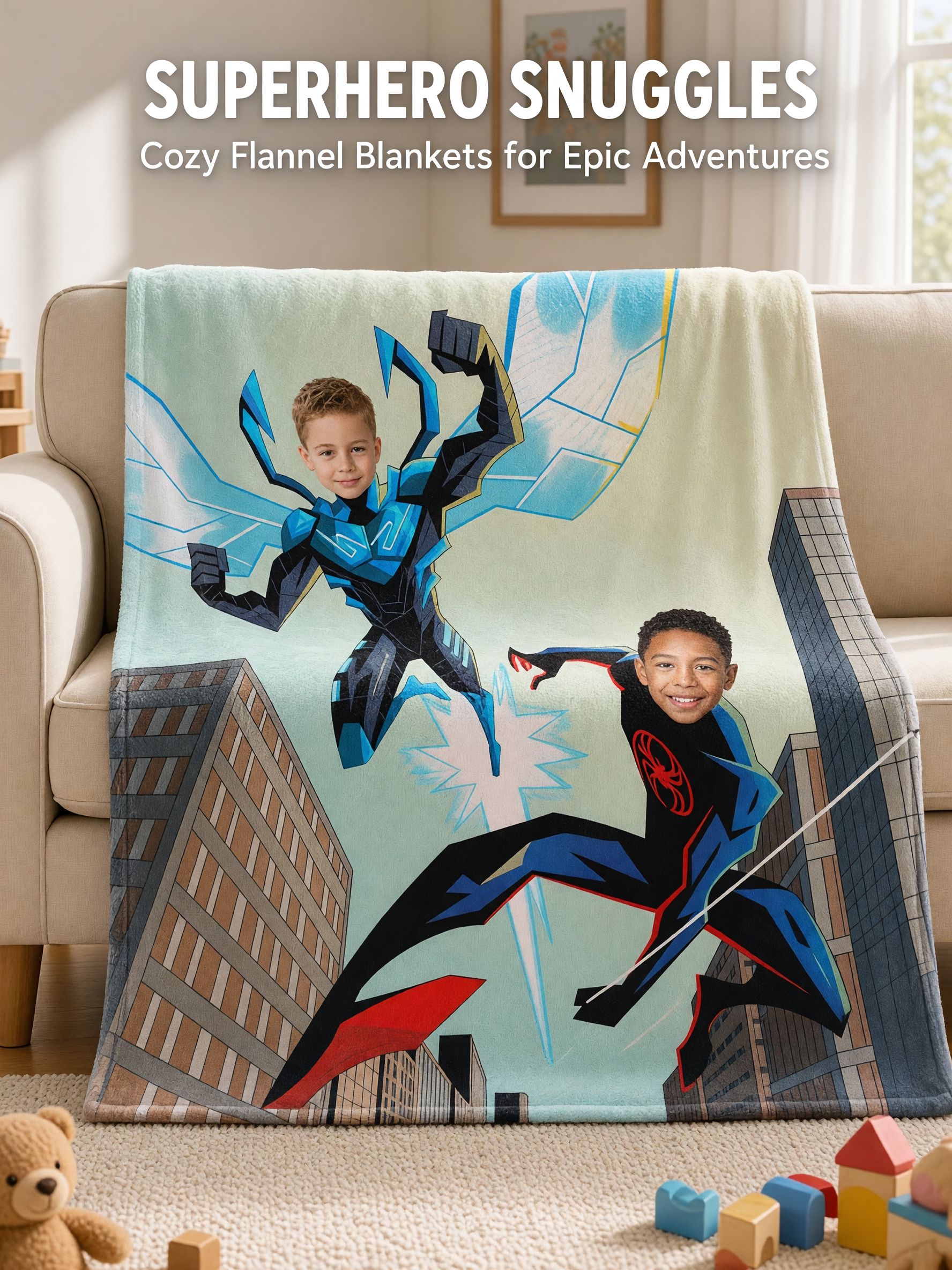 Custom Superhero Face Blanket Personalized Photo Flannel Throw Soft Warm Anti Pilling Bed Couch Blanket for Kids Gift