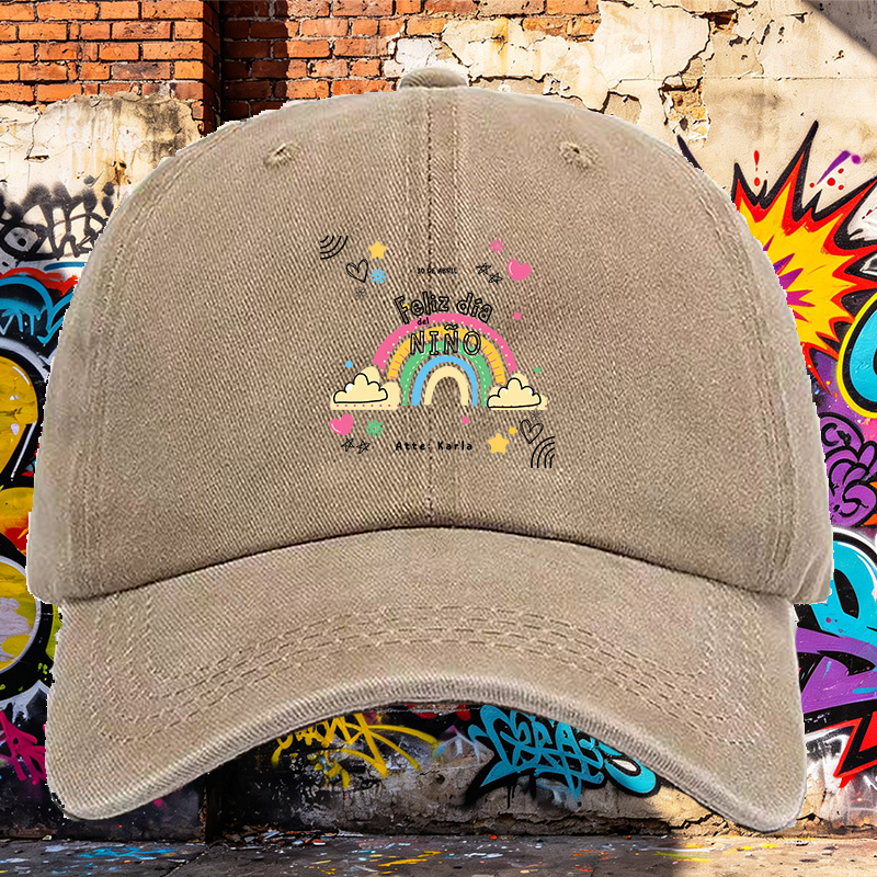 Men's Printed Washed Cap with Rainbow and 
