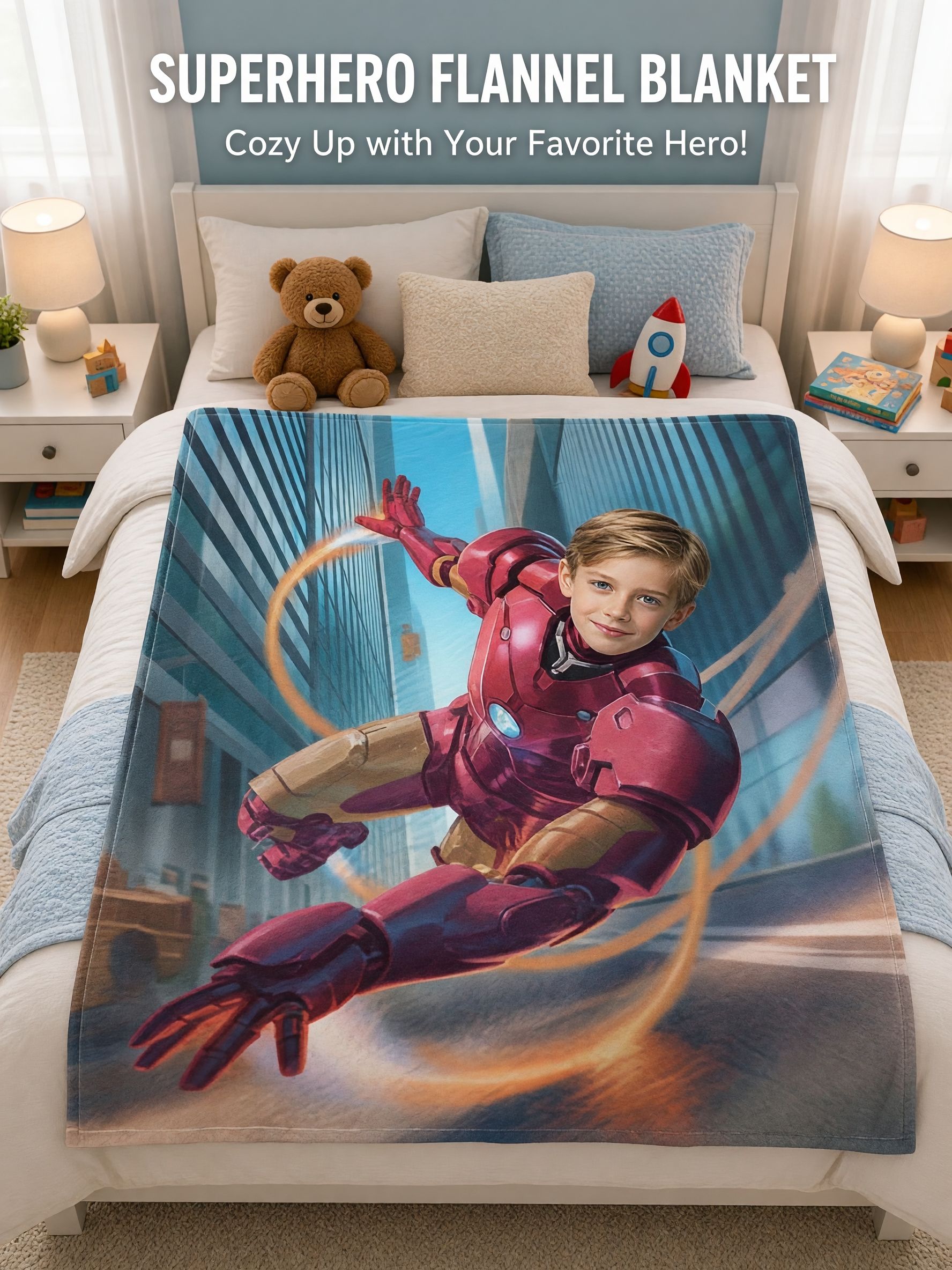 Personalized Custom Face Superhero Flannel Blanket Ultra Soft Plush Photo Throw Ideal Keepsake Gift for Kids and Family