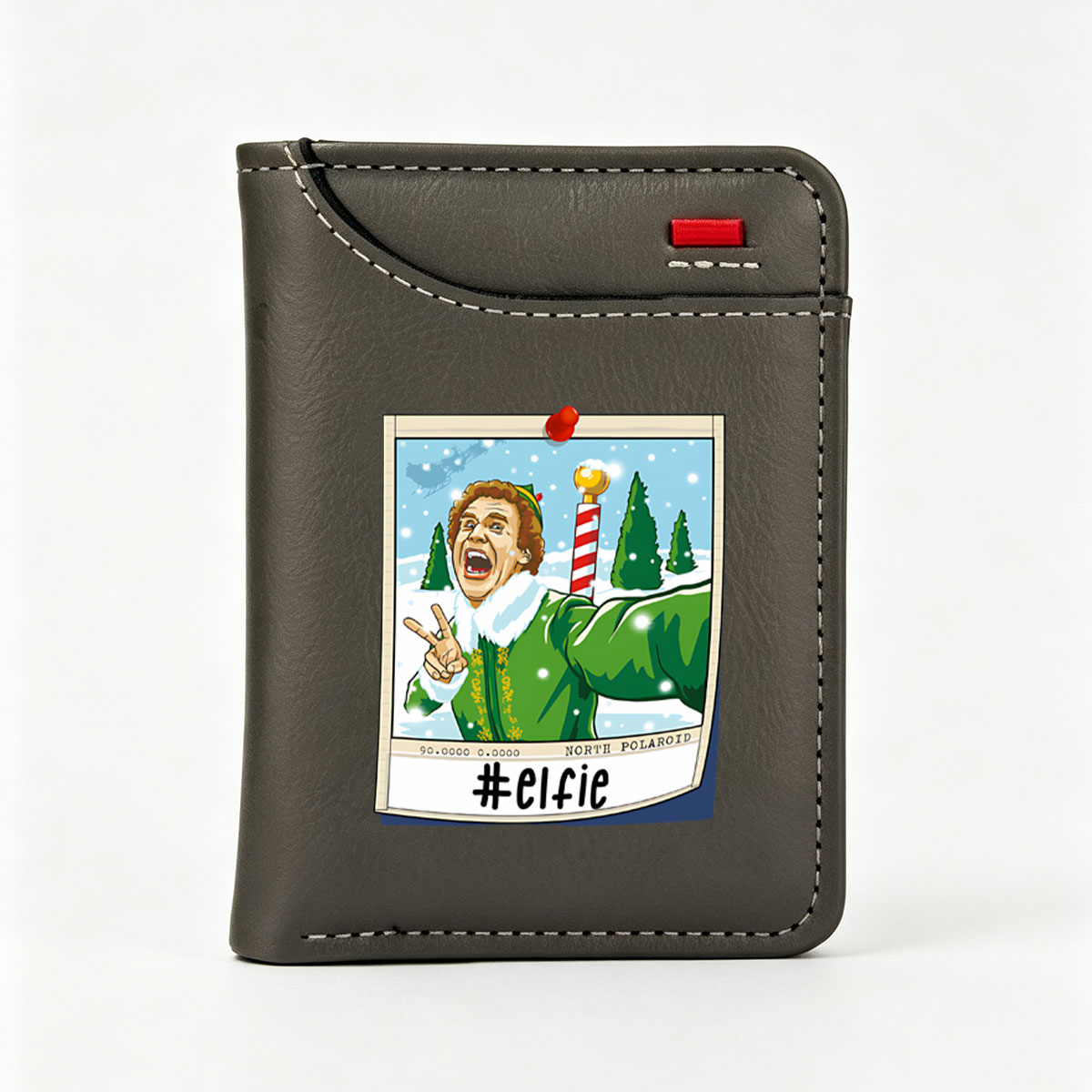 Elf in Green Suit Takes #elfie with Candy Cane and Snowy Background - Vertical Style Wallet