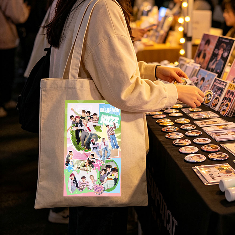 RIIZE Group in Vibrant Collage Pose with Colorful Background and Heart-Shaped Message - Canvas tote bags