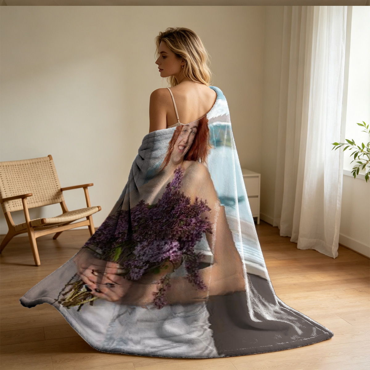 Nude Woman Posing on a Wooden Chair - Blanket