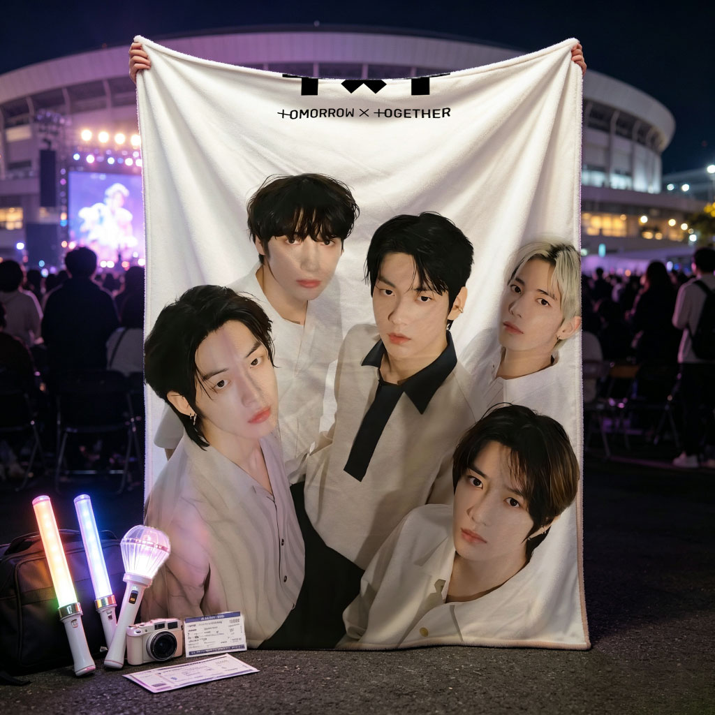 Tomorrow X Together Group Portrait in Minimalist White Outfits on Clean Background - Blankets