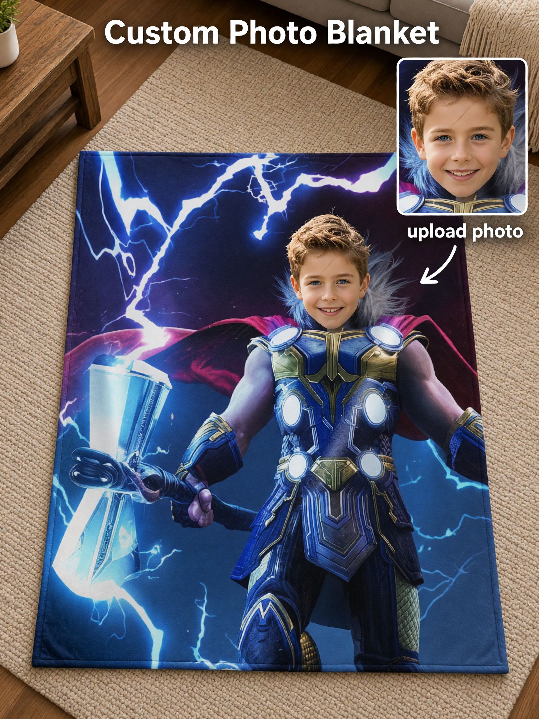 Personalized Face Superhero Flannel Blanket, Custom Photo Lightning Hero Throw for Kids and Adults, Cozy Bed Couch Gift