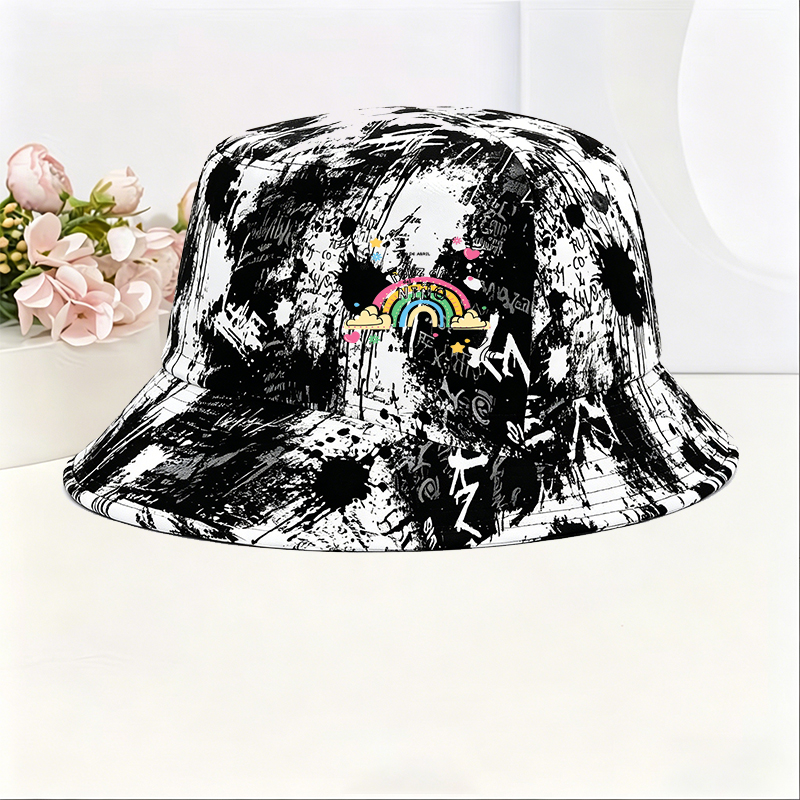 Unisex Classic Graffiti Bucket Hat with Rainbow Heart Flower Print | Casual Outdoor Sun Protection Hat for Adults and Teens | Perfect for Beach, Travel, Daily Wear