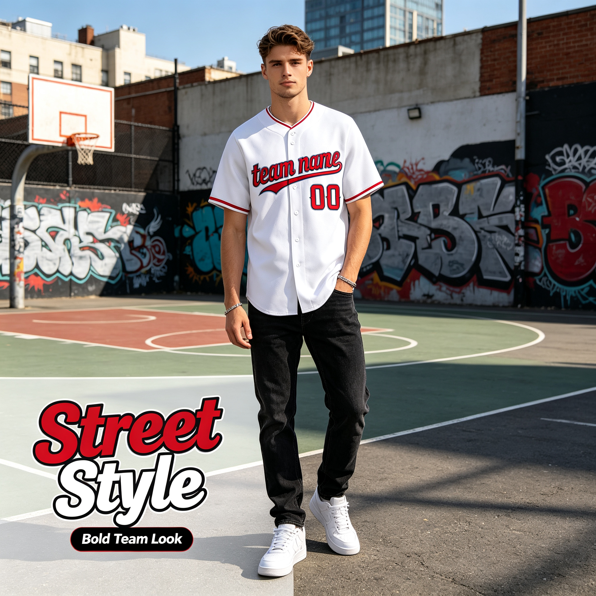 Custom Printed Anaheim Halo Style Baseball Jersey White Red Trim Button Down Shirt for Men and Women