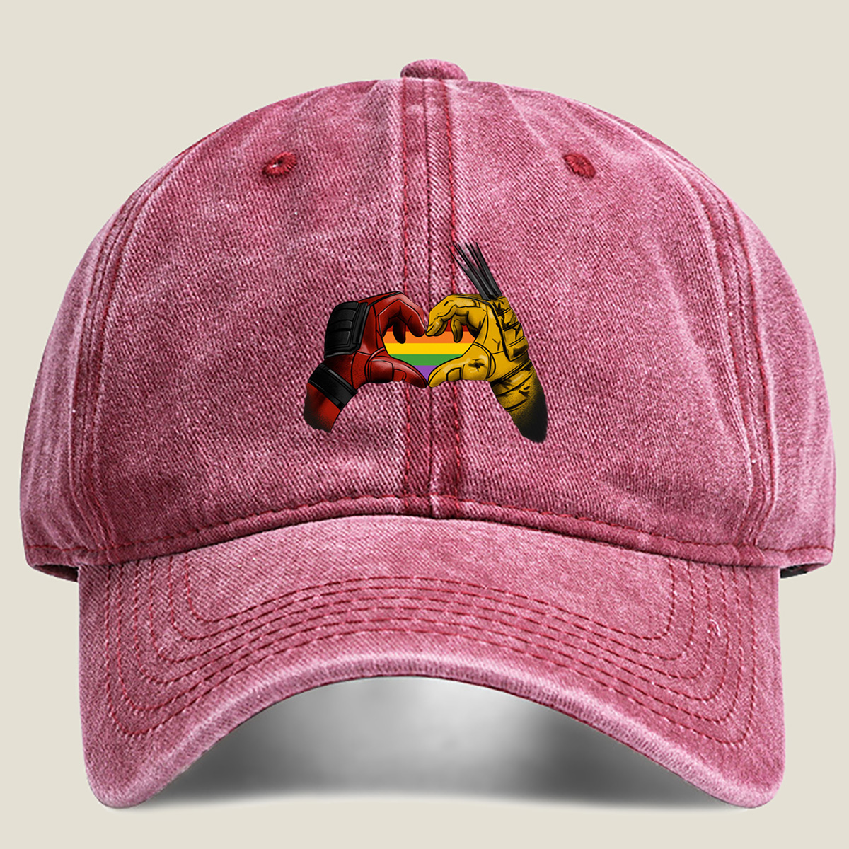 Deadpool and Wolverine Form a Rainbow Heart - Washed Denim - Baseball Cap