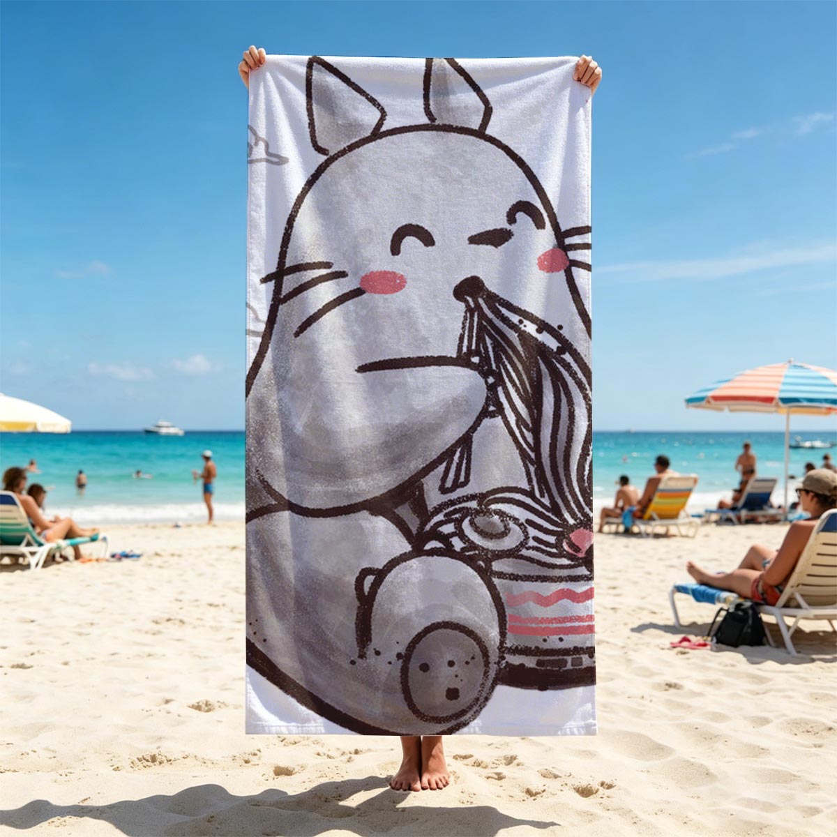 Totoro Enjoying Ramen Under a Red Moon - Beach towels