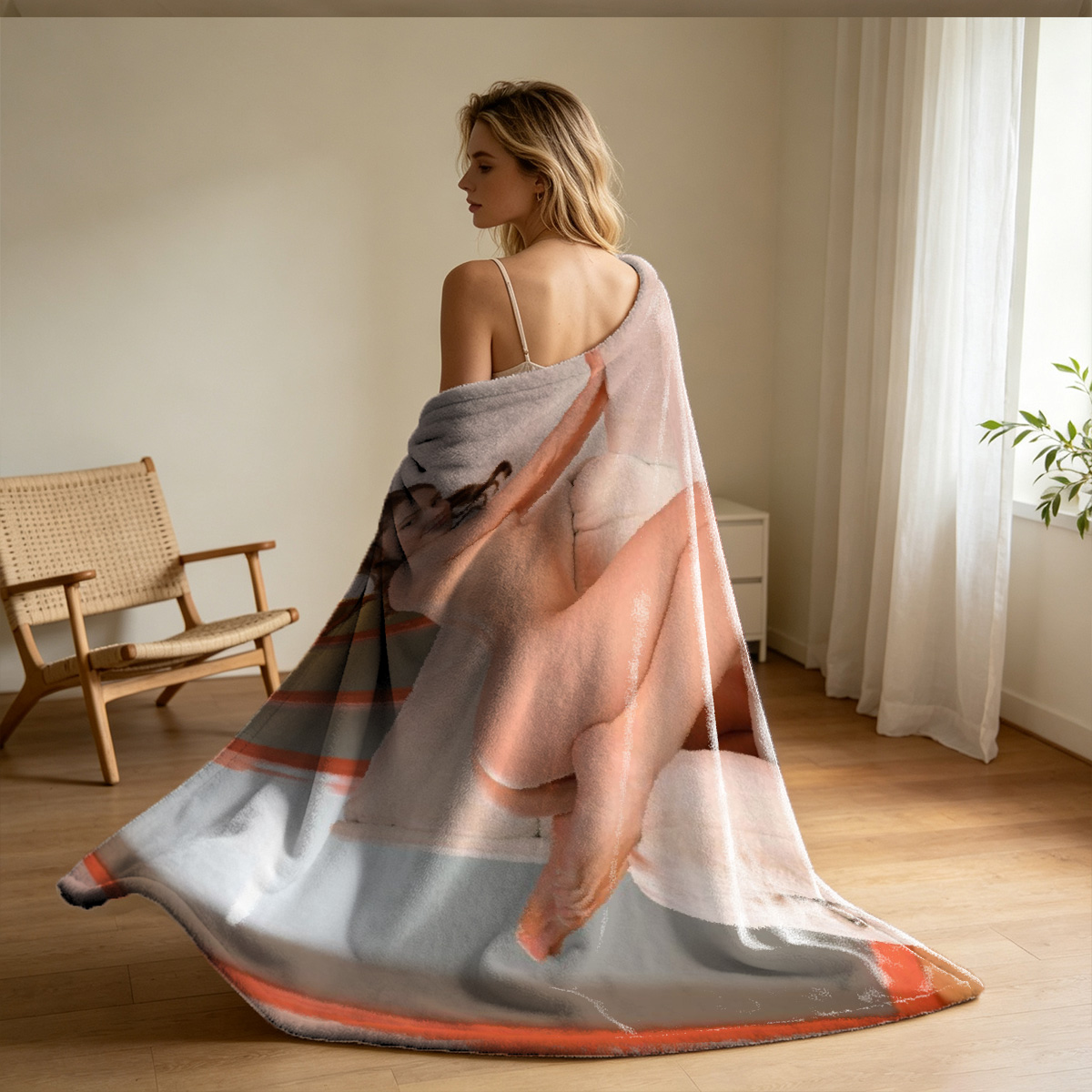 Blonde Woman in White Shirt Kneeling on Bed - Blanket