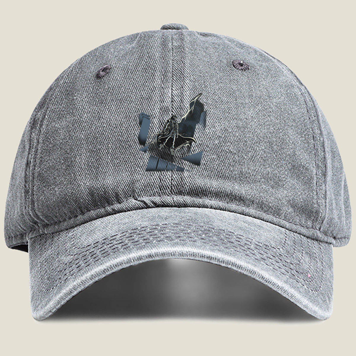 The Shadow of the Storm: Dark Hero on Rooftop - Washed Denim - Baseball Cap