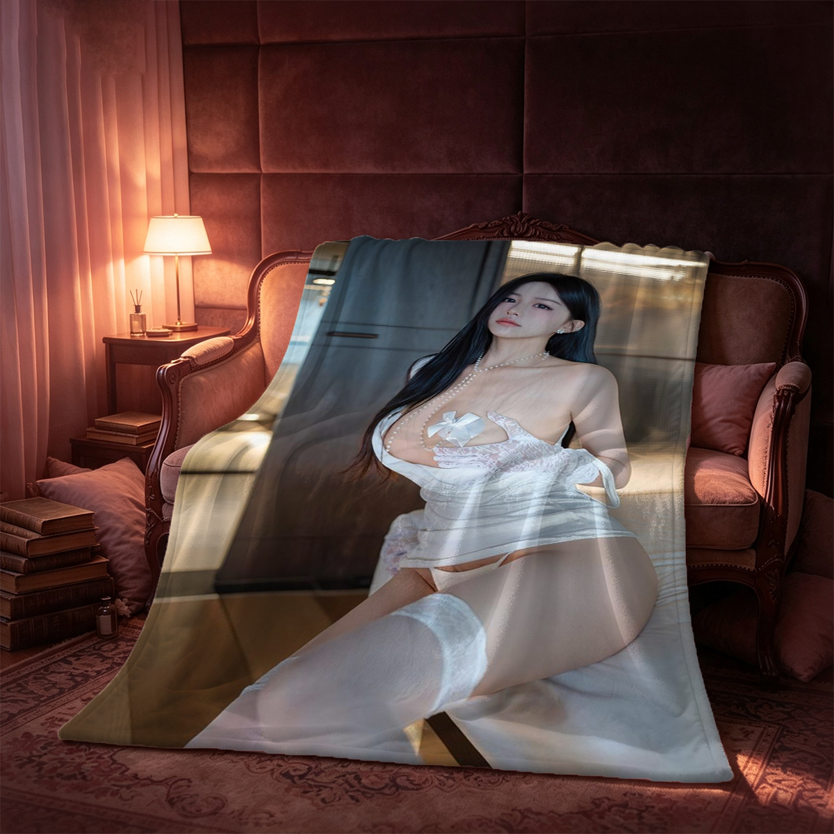 A young Asian woman in a navy blue sports jersey and panties, lifting her top to expose her breasts while sitting by the window. - Blanket