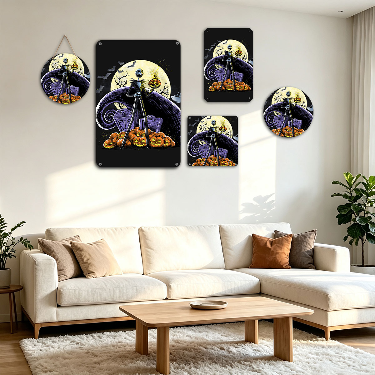 Jack Skellington from The Nightmare Before Christmas stands atop pumpkins with a full moon and bats in the background. - painting