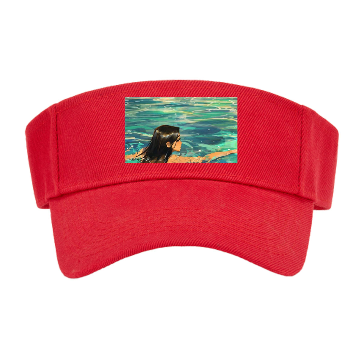 Woman swimming in clear blue water near rocky shore -  Visor cap