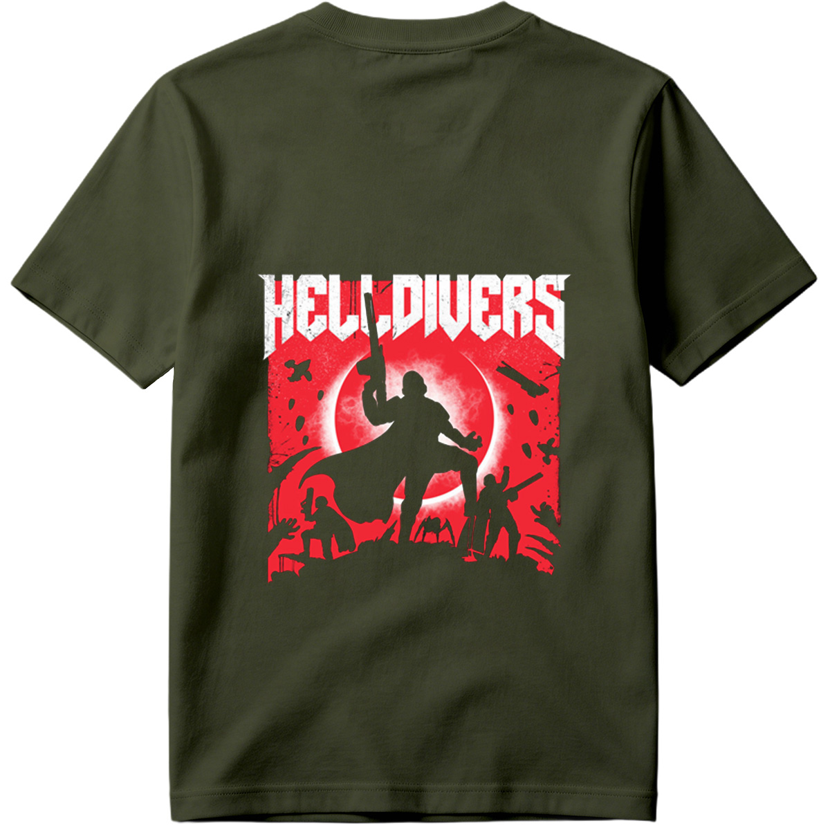 Helldivers: Silhouetted Warriors Against a Crimson Sky - Tee