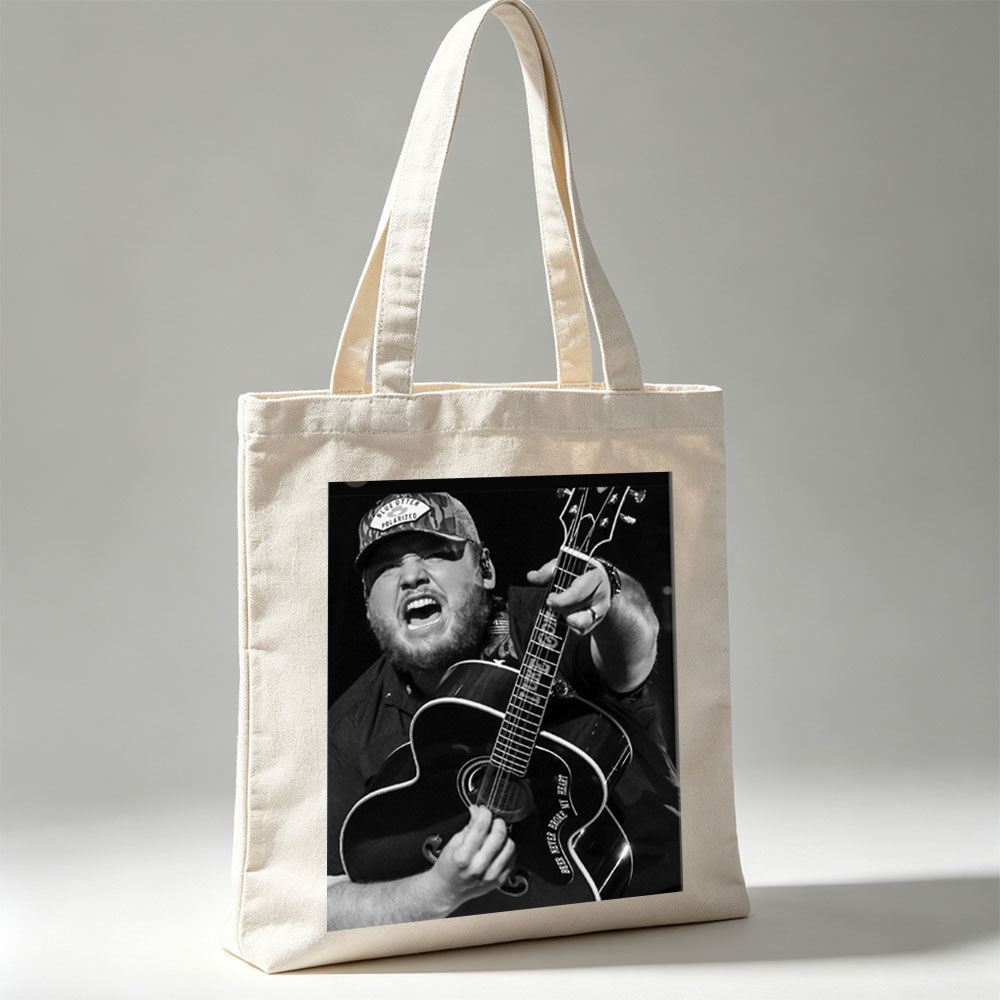 Luke Combs Performing with Acoustic Guitar in Black and White Photo - Canvas tote bags