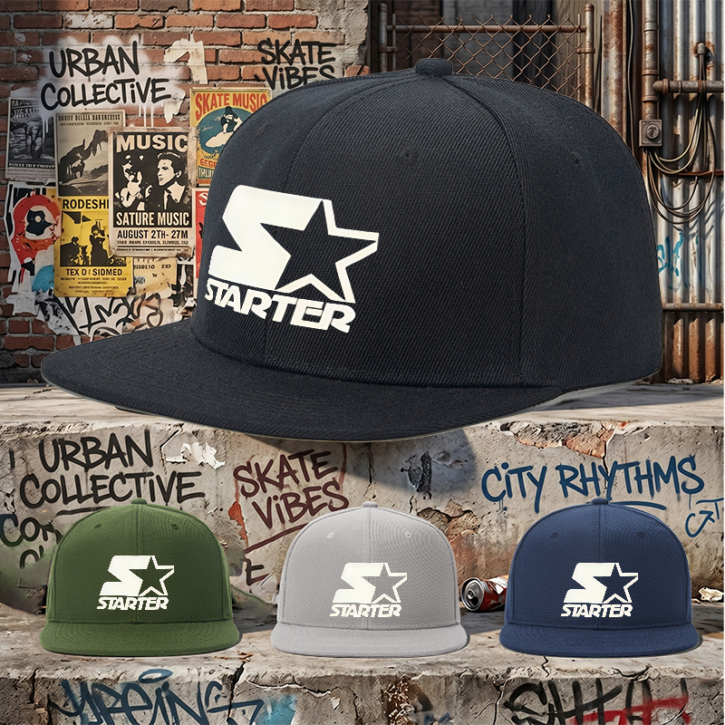 Flat Brim Baseball Cap Starter Star Logo Print Streetwear Underground Skate Style Basketball Court Urban Skate Park Fit for Skaters Rappers Streetwear Enthusiasts