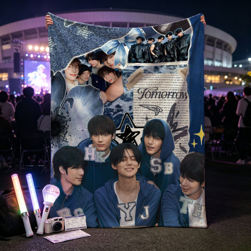 Tomorrow X Together Group Photo Collage with Blue Theme and Inspirational Quote - Blankets