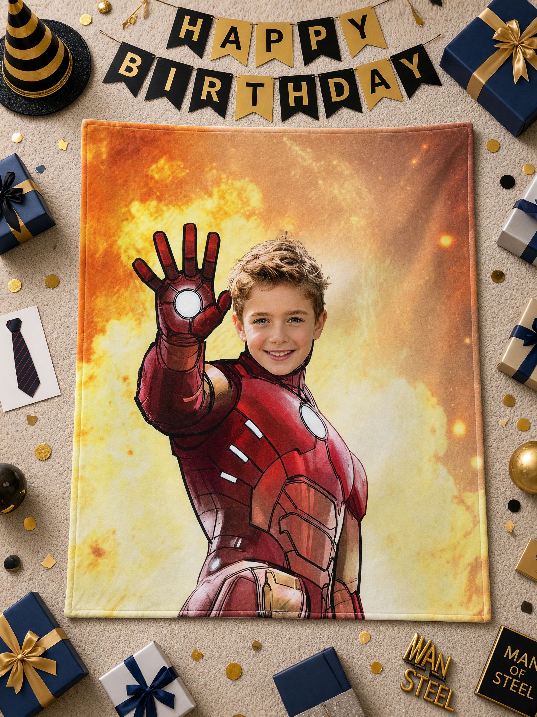 Custom Face Superhero Flannel Fleece Blanket, Personalized Photo Throw for Boys and Kids, Cozy Warm Bed and Couch Gift
