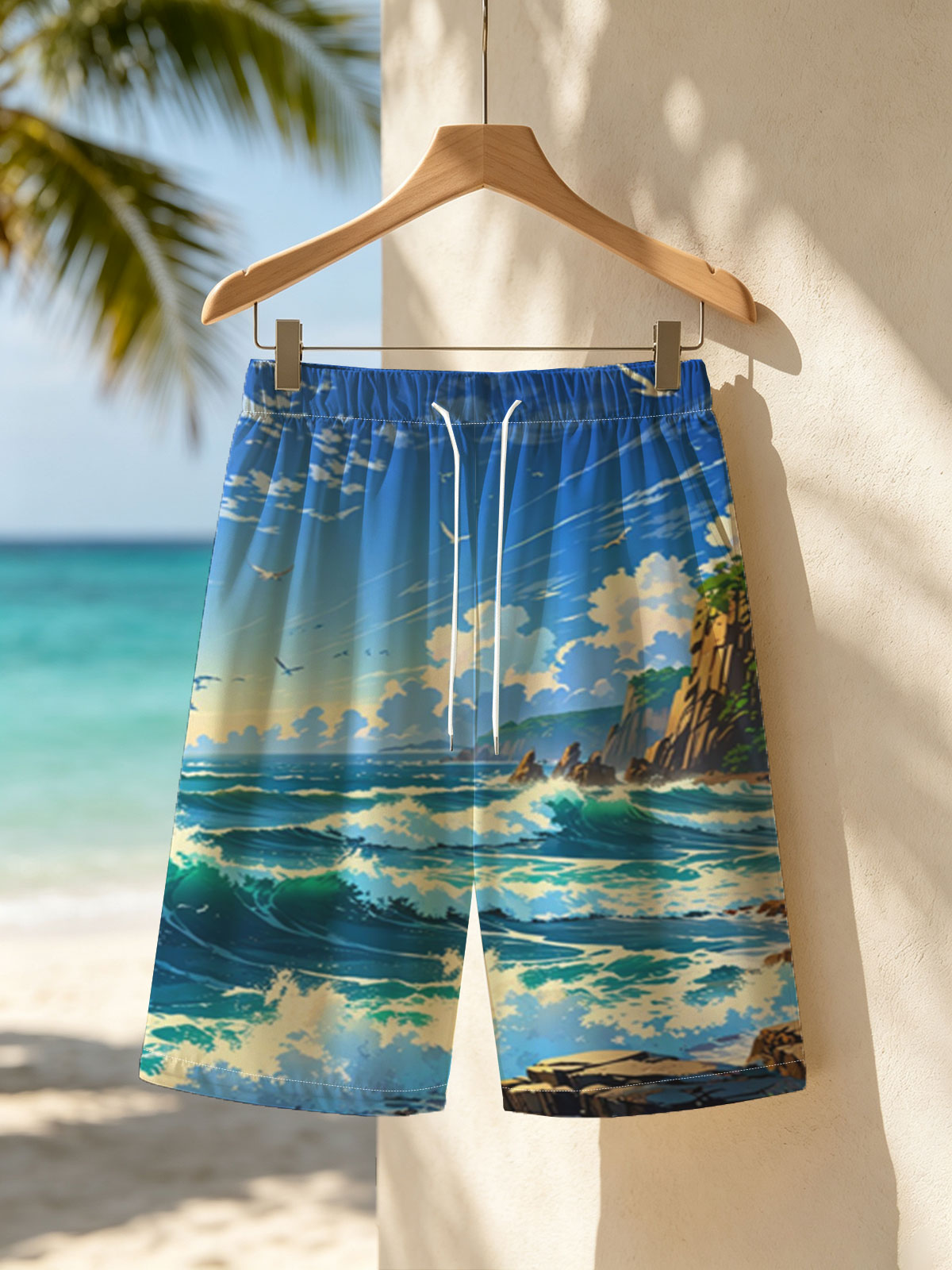 Ocean Waves Crashing Against Rocky Coastline Under Blue Sky -  Beach shorts