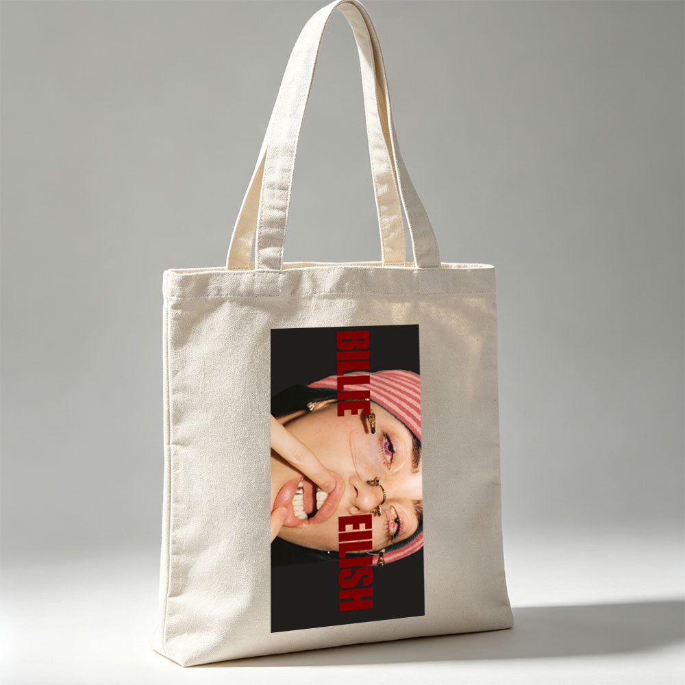 Billie Eilish Close-Up Portrait with Bold Red Text and Striped Beanie - Canvas tote bags