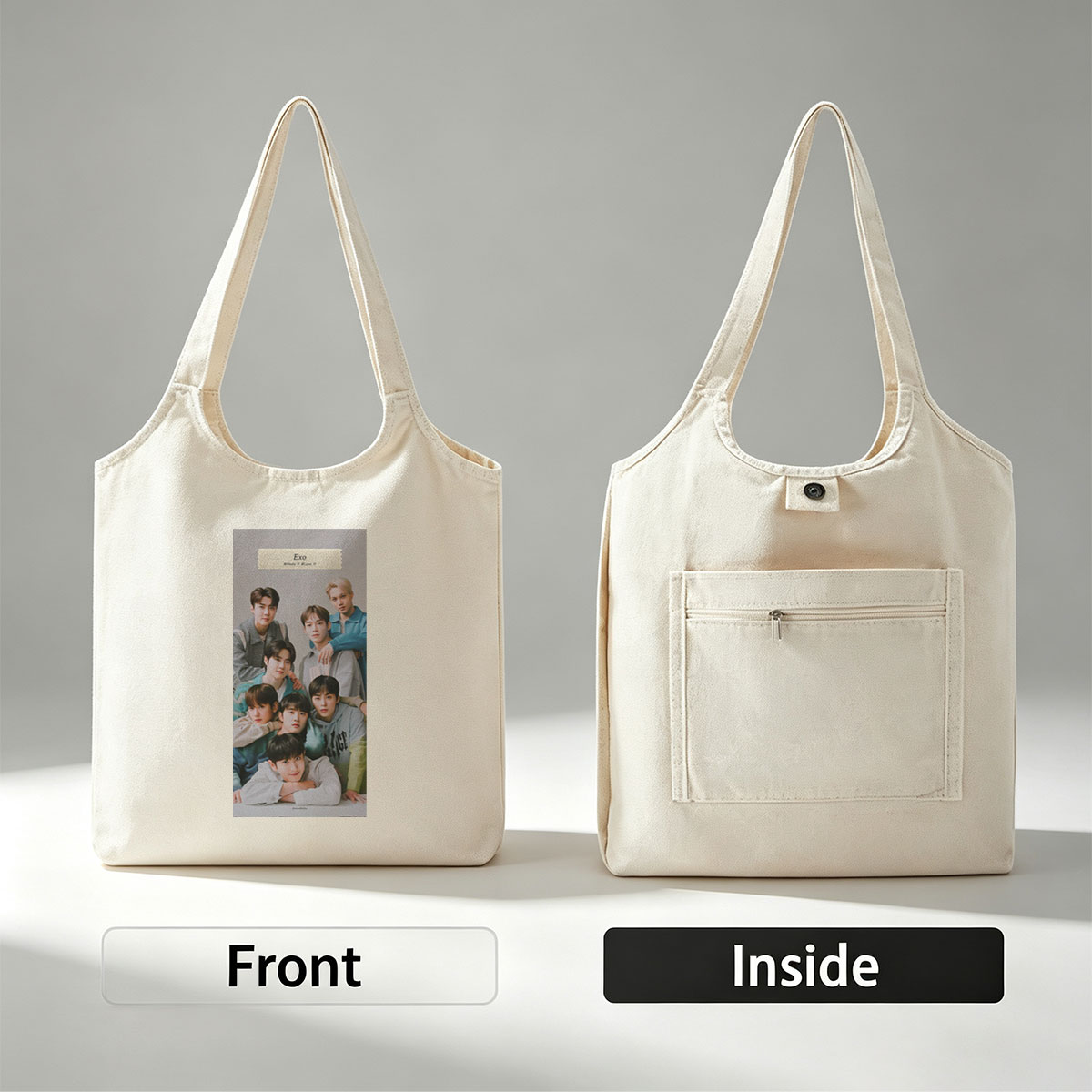 EXO Group Photo - Members Posing Together in Casual Outfits on a Neutral Background - Canvas shoulder bags/