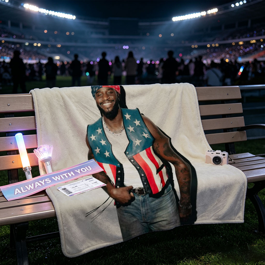 T-Pain in Patriotic Vest and Bandana, Standing Confidently Against a Plain Background - Blankets