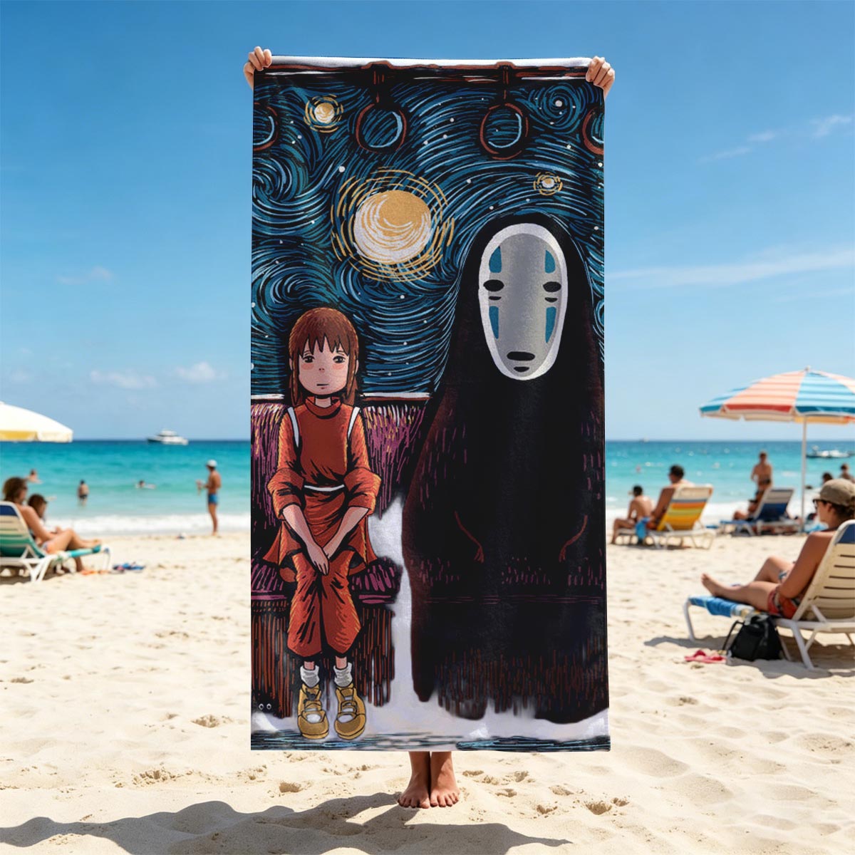 Chihiro and No-Face in a Starry Night Setting - Beach towels