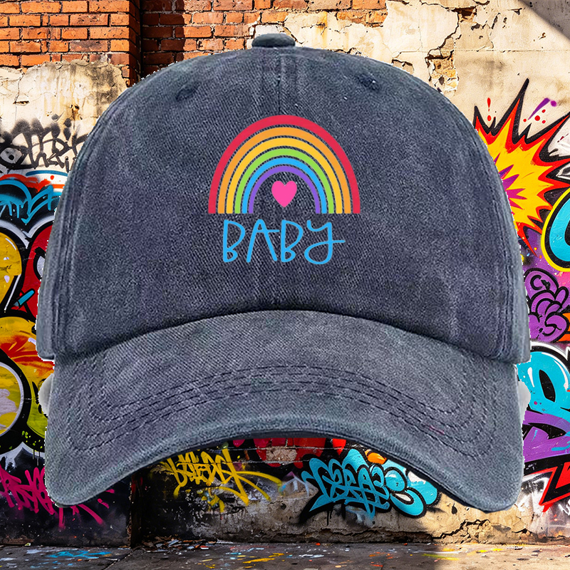 Men's Rainbow Heart Print Washed Cap Baby Text Design Casual Round Brim Summer Lightweight Hat for Outdoor Activities and Daily Wear, Perfect for Young Adults and Trendy Urban Style Lovers