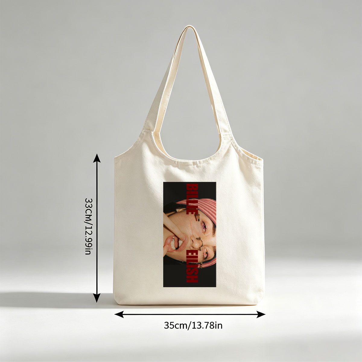 Billie Eilish Close-Up Portrait with Bold Red Text and Striped Beanie - Canvas shoulder bags/